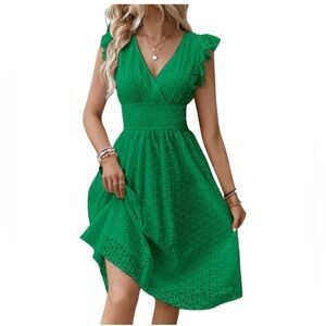 NWT Green Eyelet Lace Embroidery Smocked Waist Flutter Sleeve A Line Midi Dress